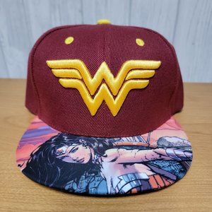 Wonder Woman Flat Bill Hat - Six Flags, Graphic, Adjustable, Maroon, Embroidered